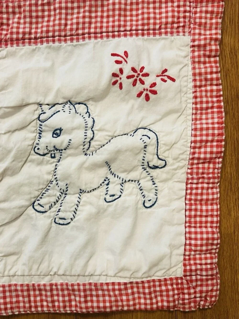 Hand Embroidered Vintage Baby Quilt Stitched Animal Squares Kitschy READ